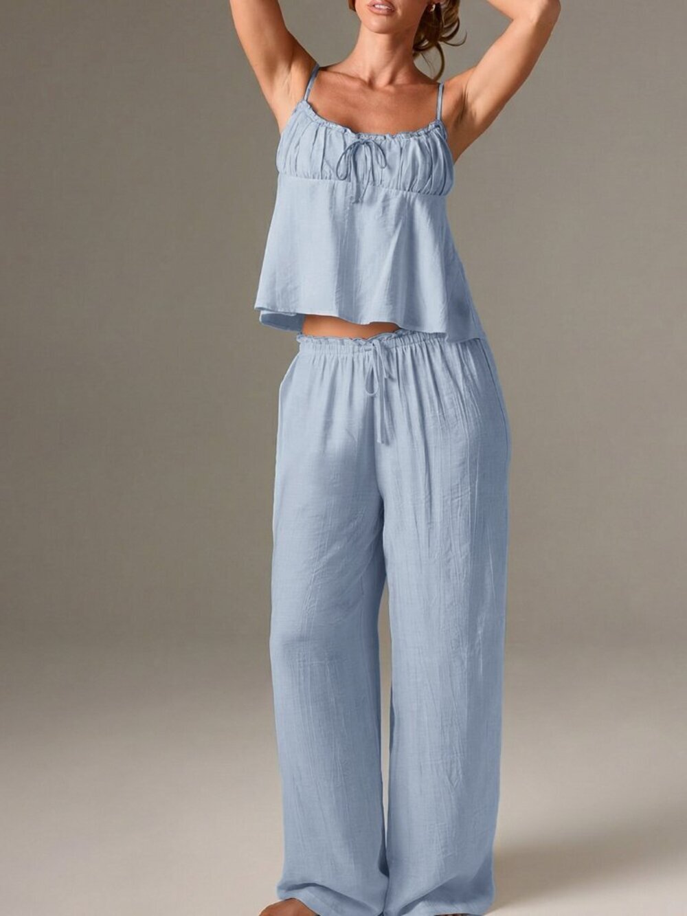 Blue Casual Women's Ruffle cami top with shorts Pajama Set
